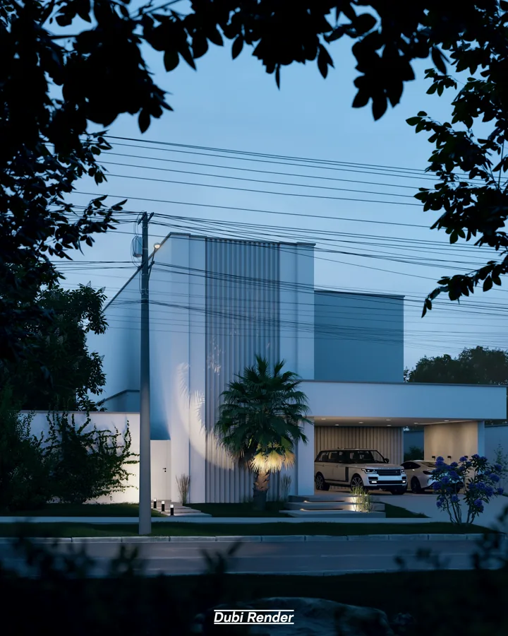 Fachada residencial durante a blue hour