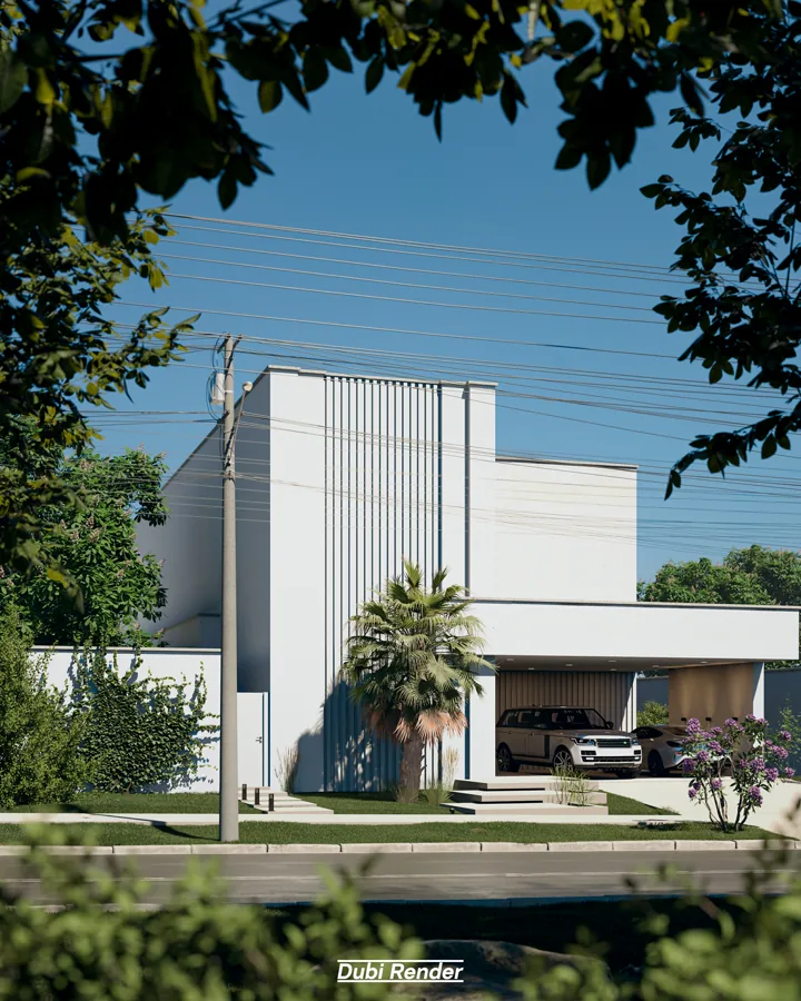 Fachada residencial com iluminação diurna