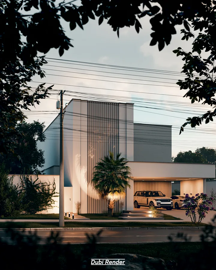 Fachada residencial durante a golden hour