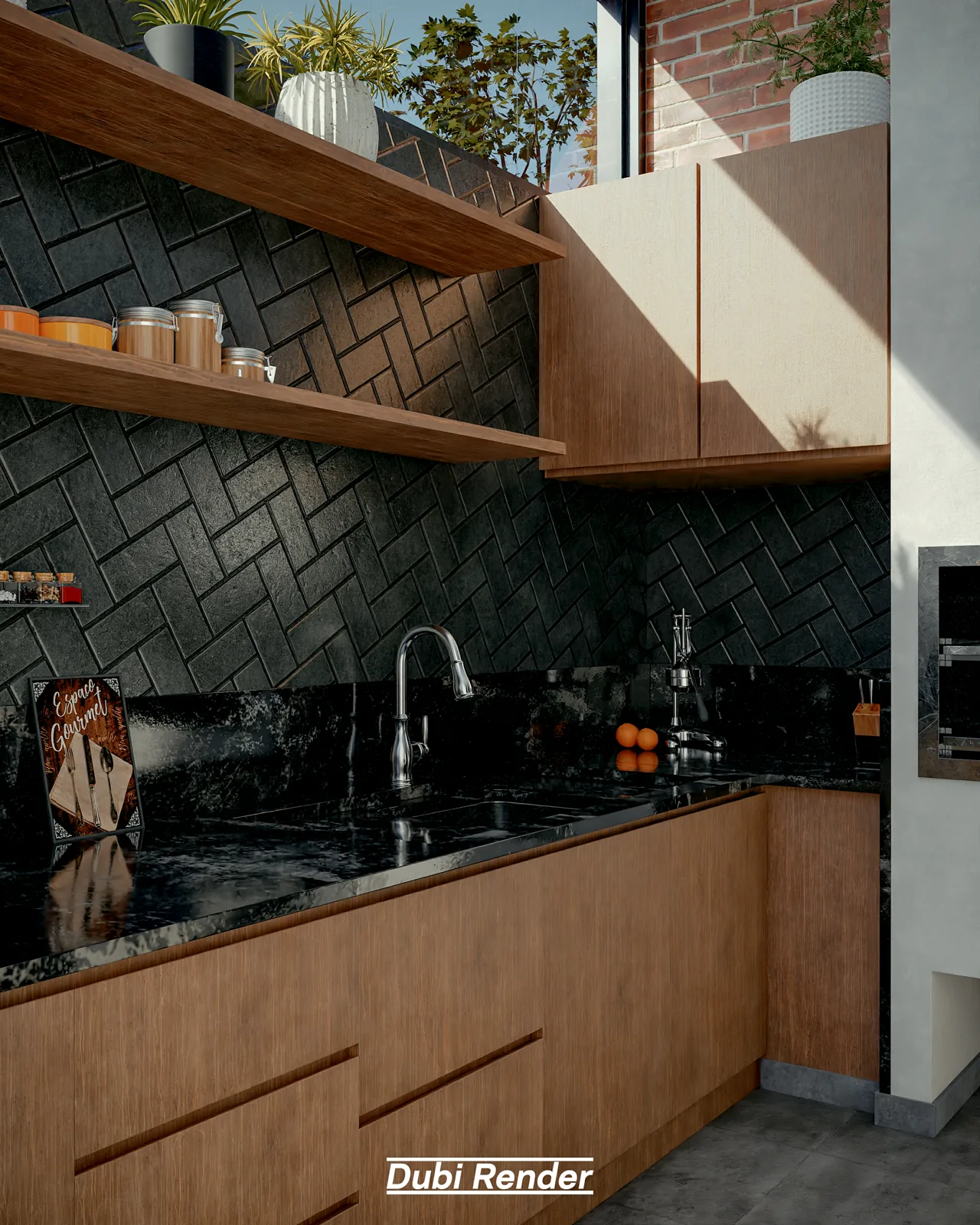 Cena interna de cozinha criada no Blender com materiais e iluminação natural