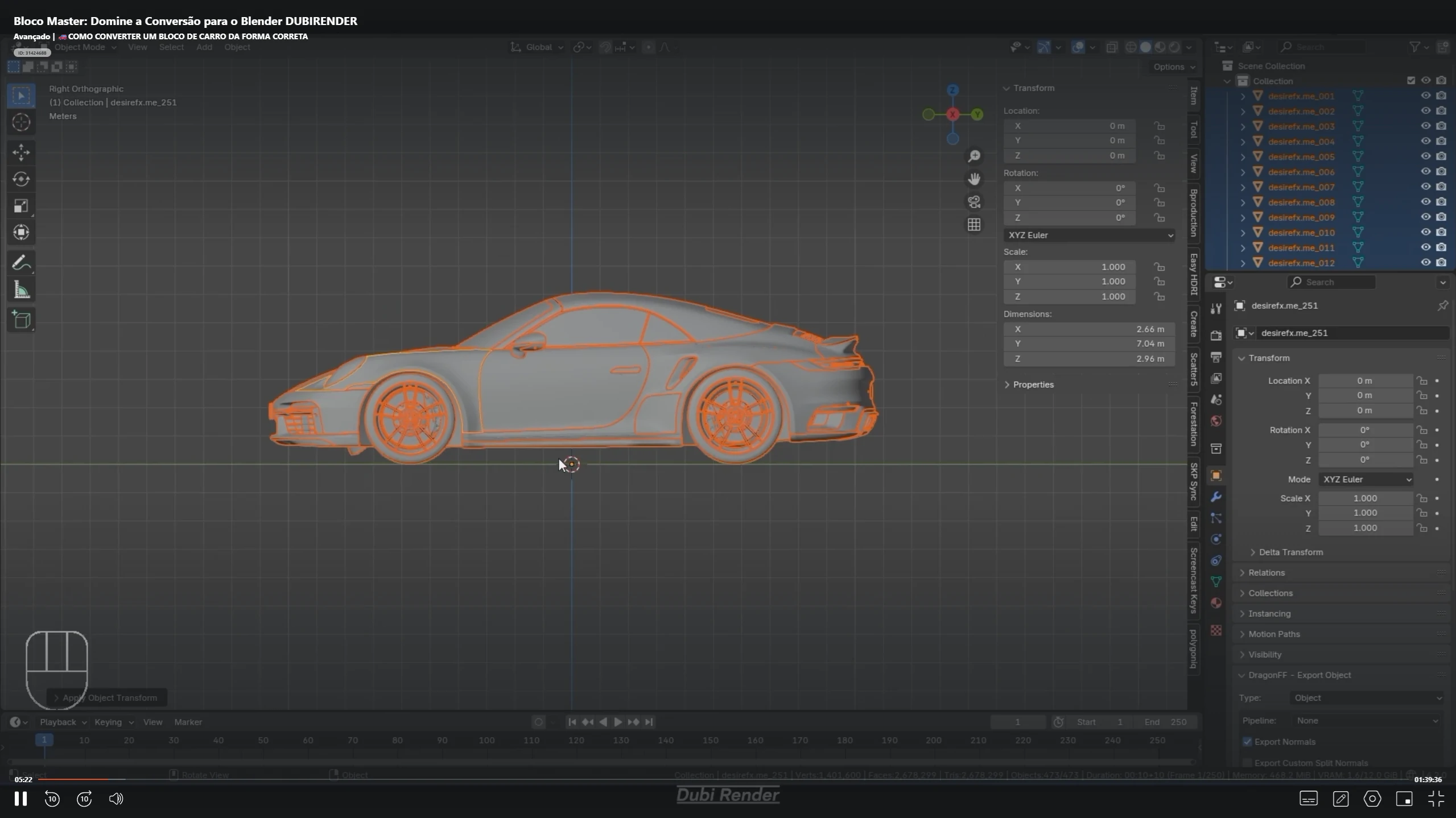 Modelo de carro importado no Blender antes da preparação