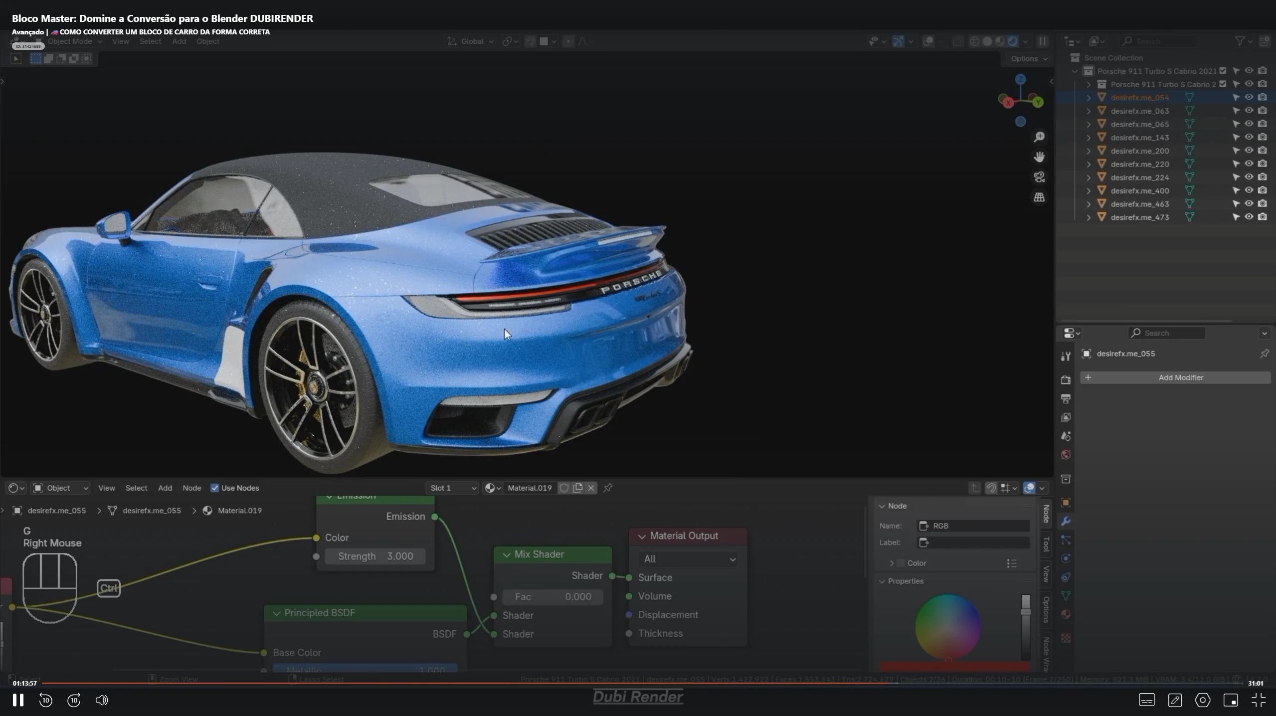 Organização e configuração do modelo de carro no Blender